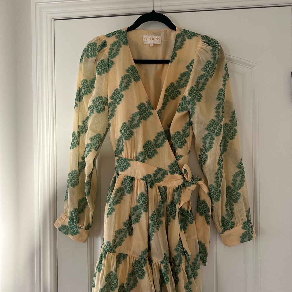 Sezane Cream and Green Floral Pattern Wrap Dress Size 36